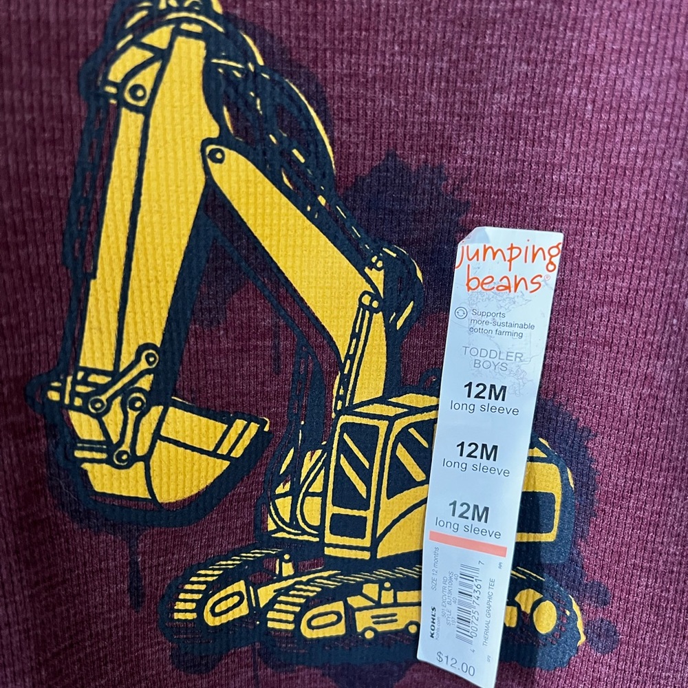 12m Construction tractor trackhoe backhoe  long sleeve top shirt infant baby